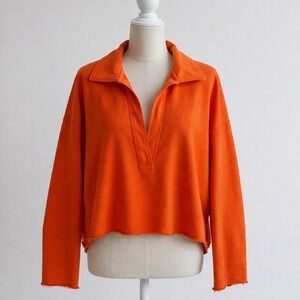 FP Movement Free People Women's M Orange V-Neck Collared Cropped Sweatshirt